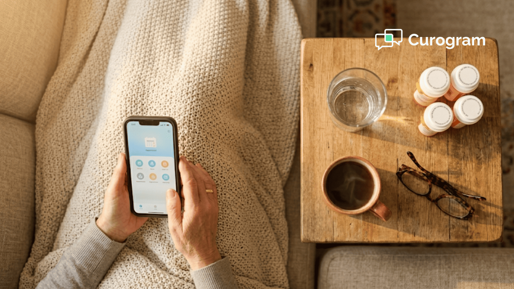 Patient completing OncoEMR intake forms via text link from home with pill bottles within reach