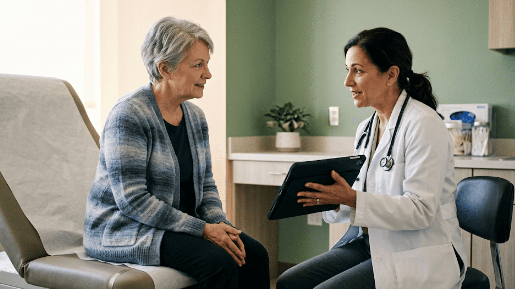 Oncologist reviewing patient chart with cancer patient during first visit after text-link intake completion