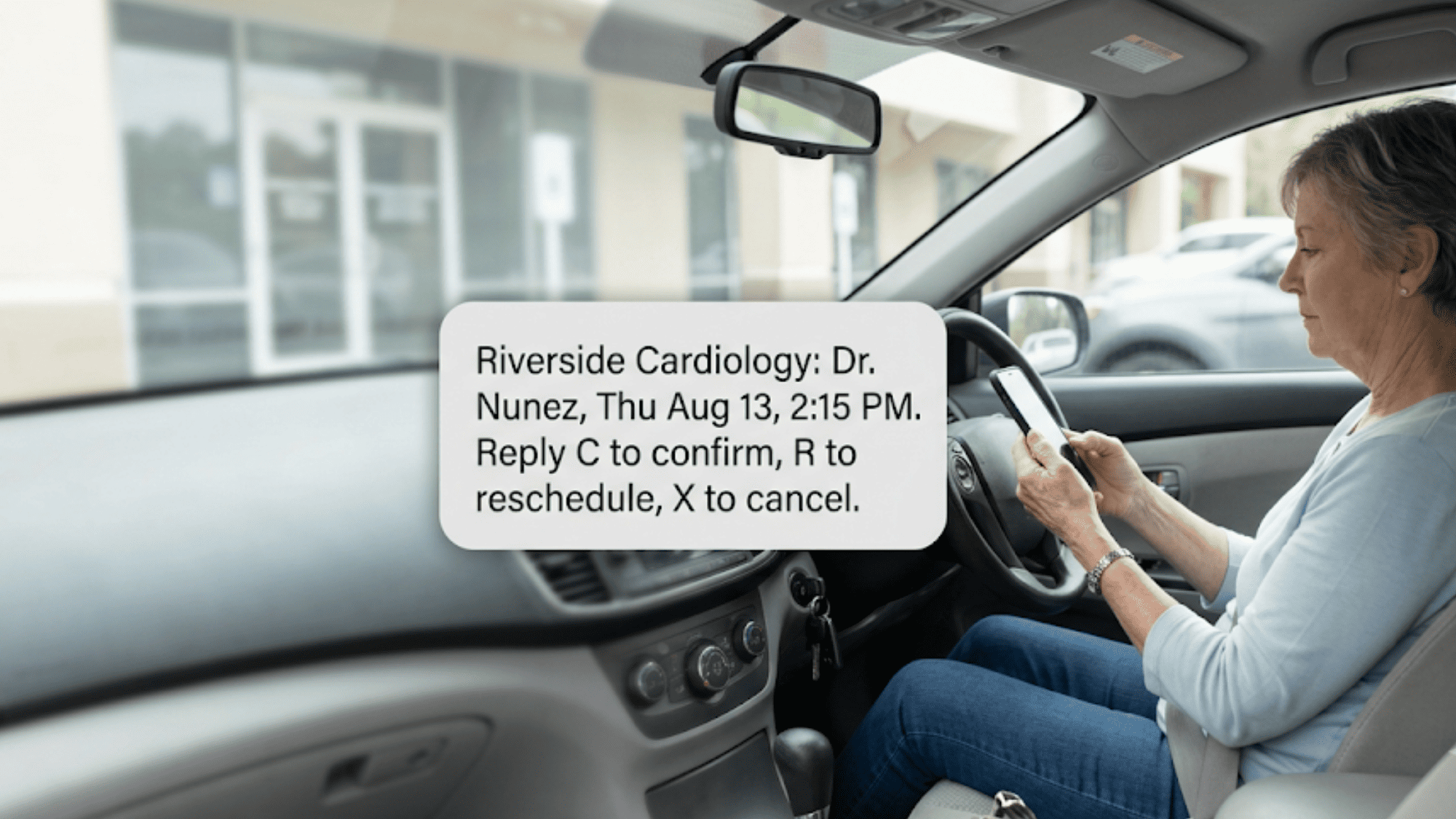 Senior woman in her car confirming a Prime Clinical appointment by replying C to a reminder text