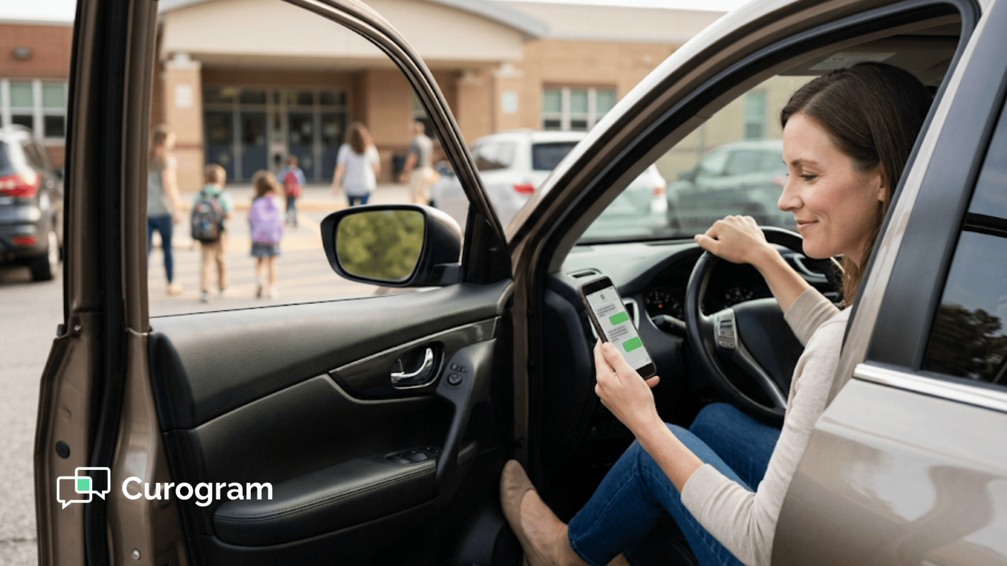 Busy parent in her SUV at a school parking lot confirming an orthodontic appointment by text in seconds, with no app or portal needed