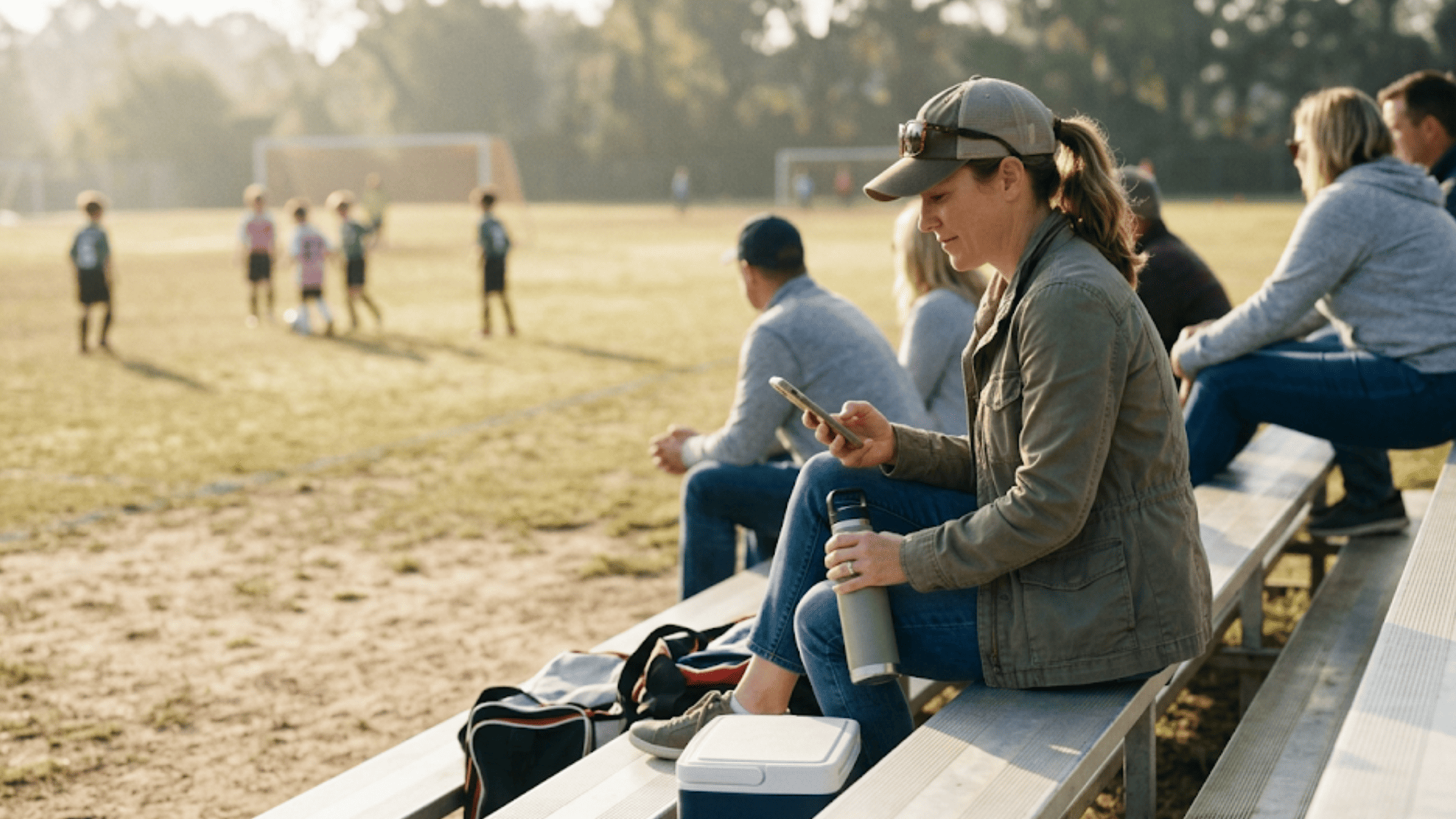 Busy parent handling orthodontic communication by text from the sidelines of her child's weekend game