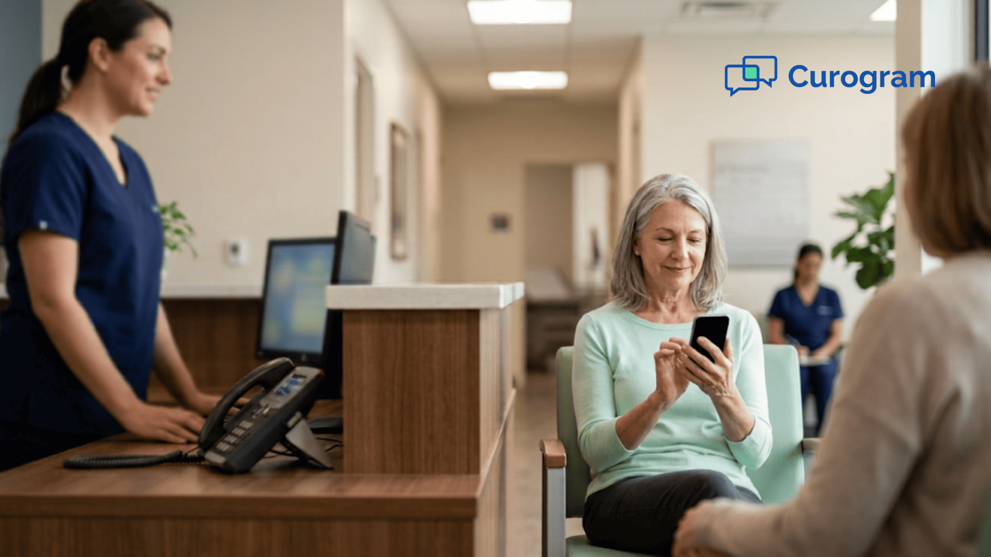 Patient texts her clinic from the waiting room while the front desk phone sits unused at check-i
