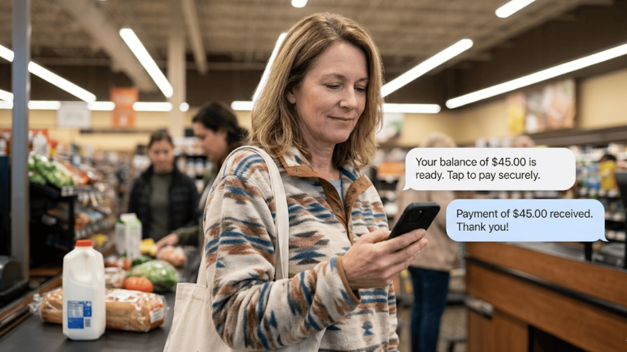 Woman in her 50s paying a 45 dollar medical bill on her phone while standing in a grocery store checkout line