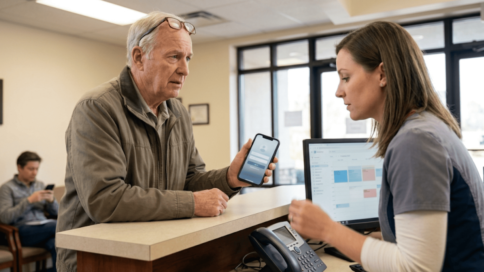 Elderly patient showing phone to front desk receptionist after failing to log into telehealth portal