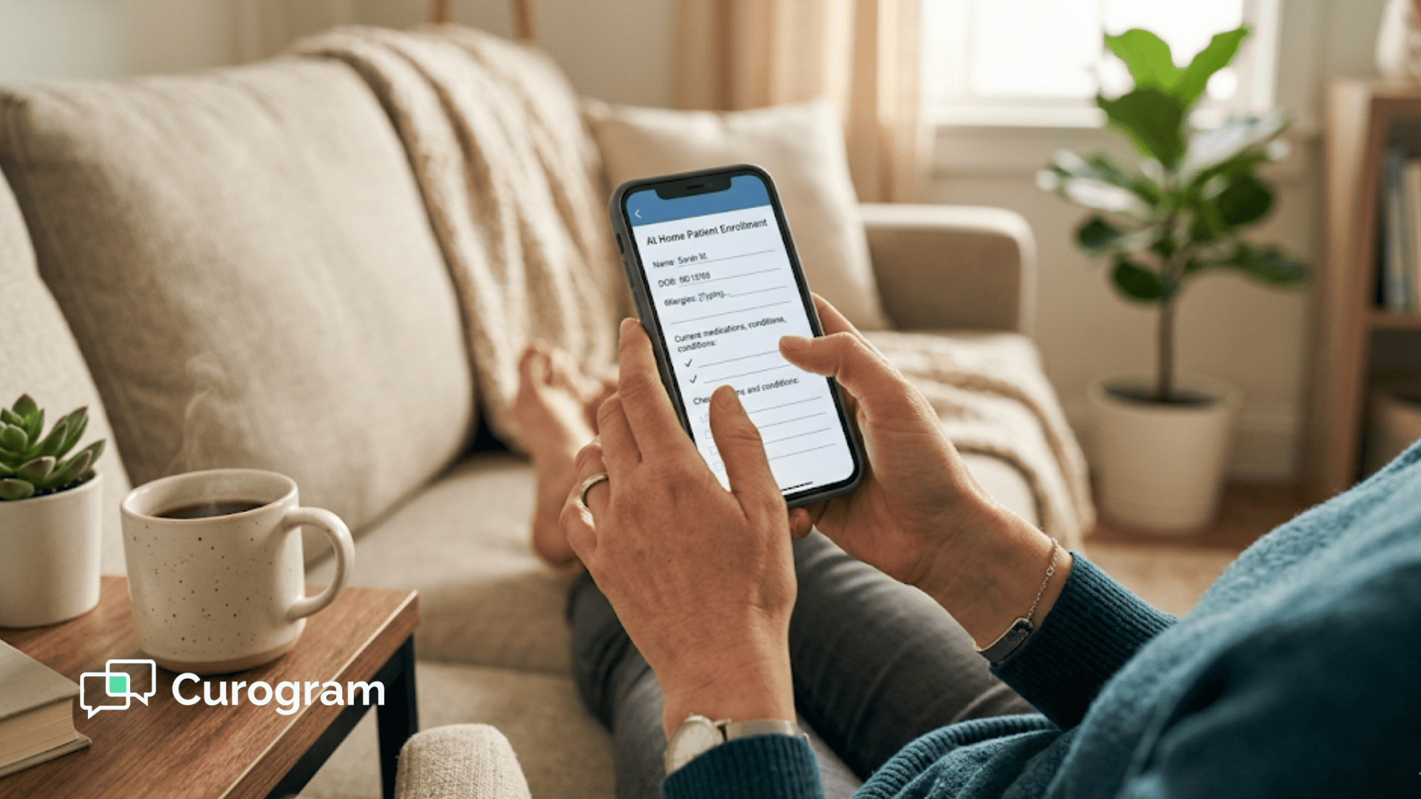 Person filling out medical intake form on phone without app download