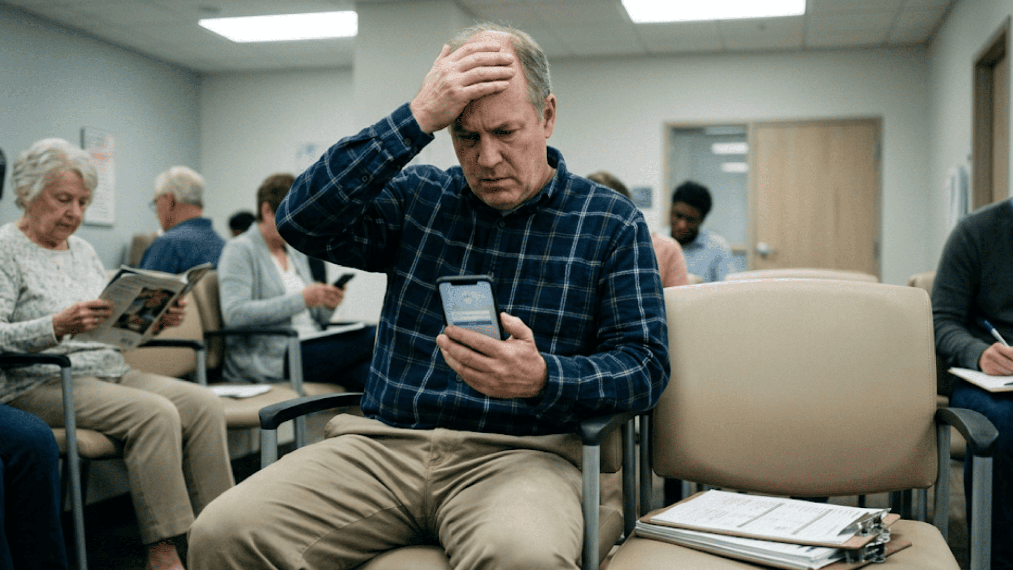 Frustrated patient struggling with portal app download in doctor waiting room