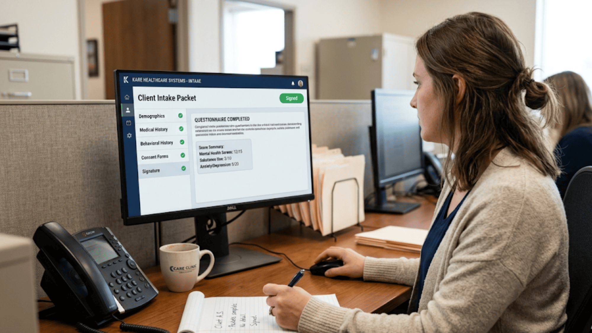 Behavioral health staff checking client screening forms completed by text before day one