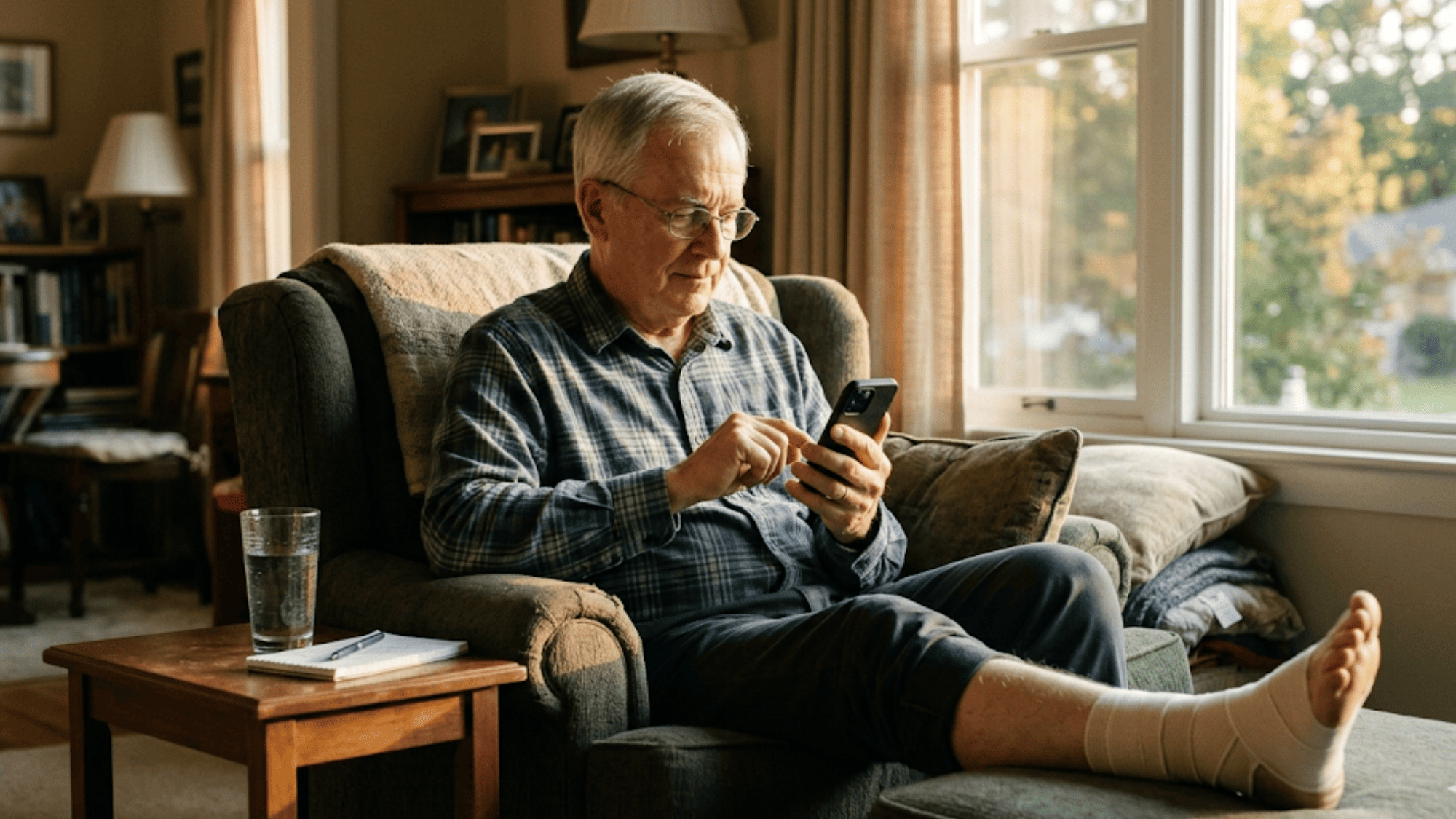 Senior patient at home tapping text-to-pay link on phone following Medstreaming patient billing SMS