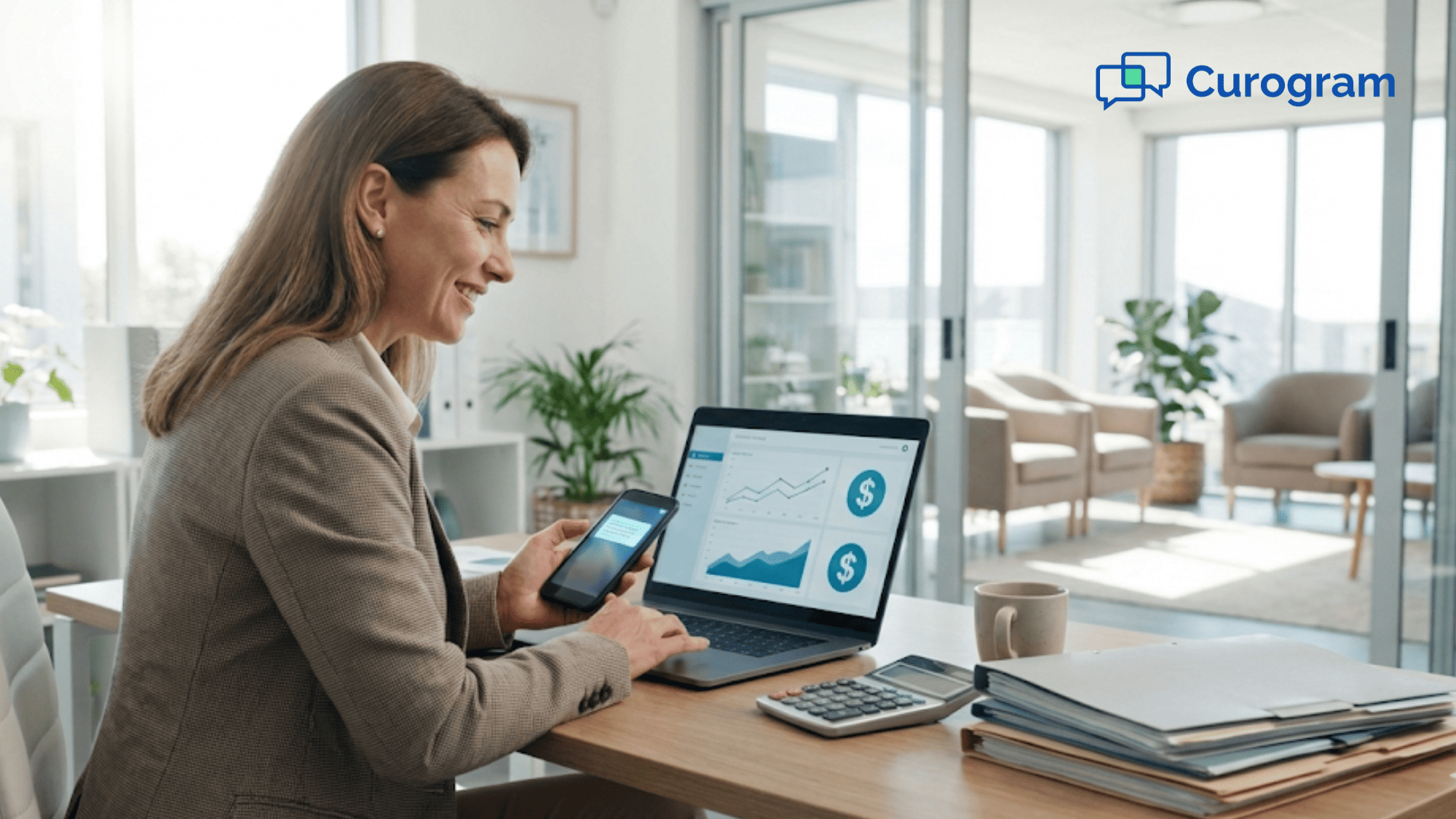 Healthcare practice manager reviewing text-to-pay pricing and financial dashboards on laptop