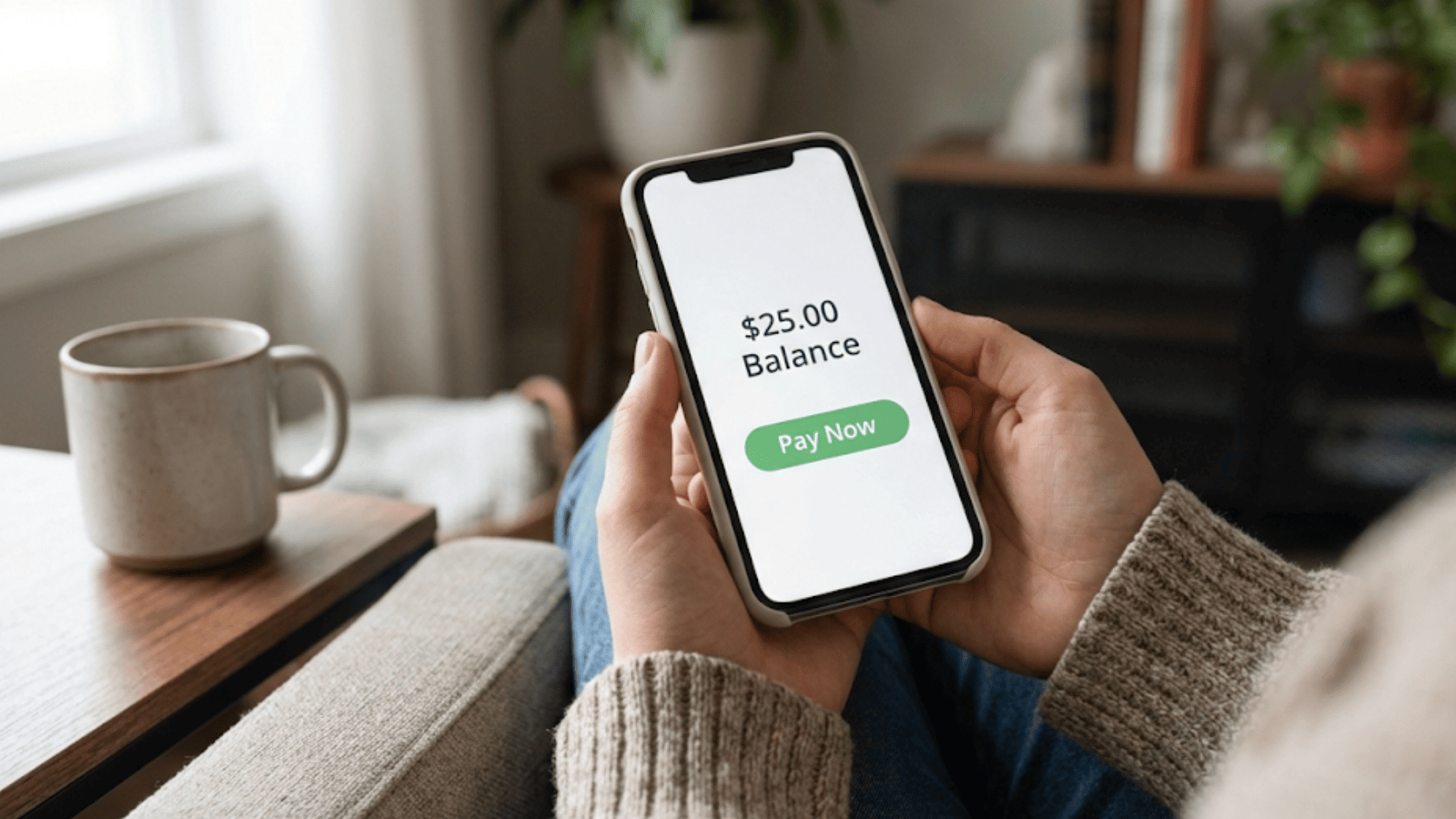 Patient paying a medical bill on their smartphone from home using a text-to-pay link