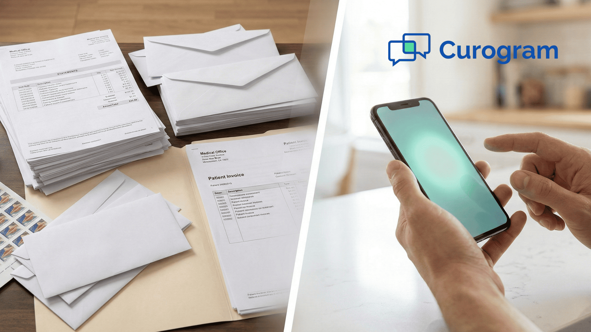 Visual contrast between mailing paper medical bills and collecting patient balances by text