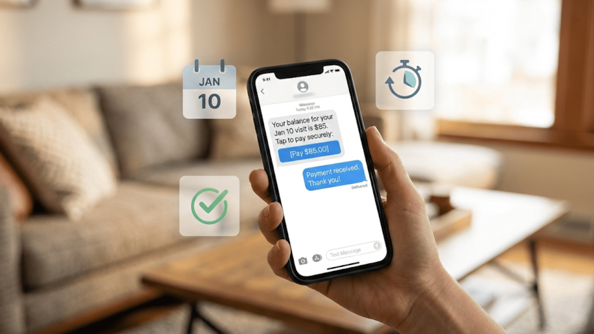 Patient receiving medical bill payment text message with secure payment link on smartphone