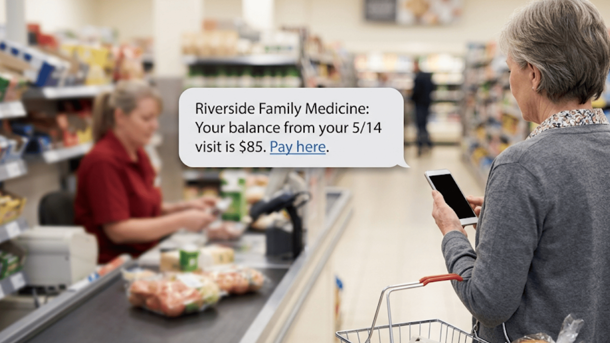 Older patient in a grocery line paying a clinic balance from a text payment link