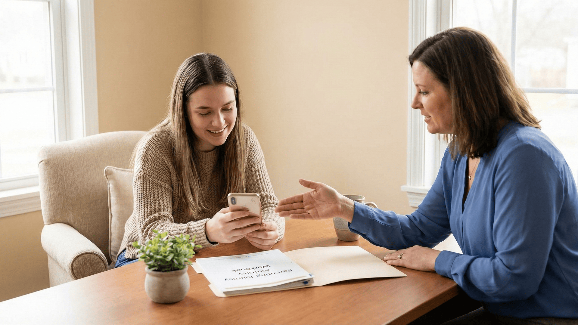 Staff member helping a young parent pay a class fee by text at a pregnancy center