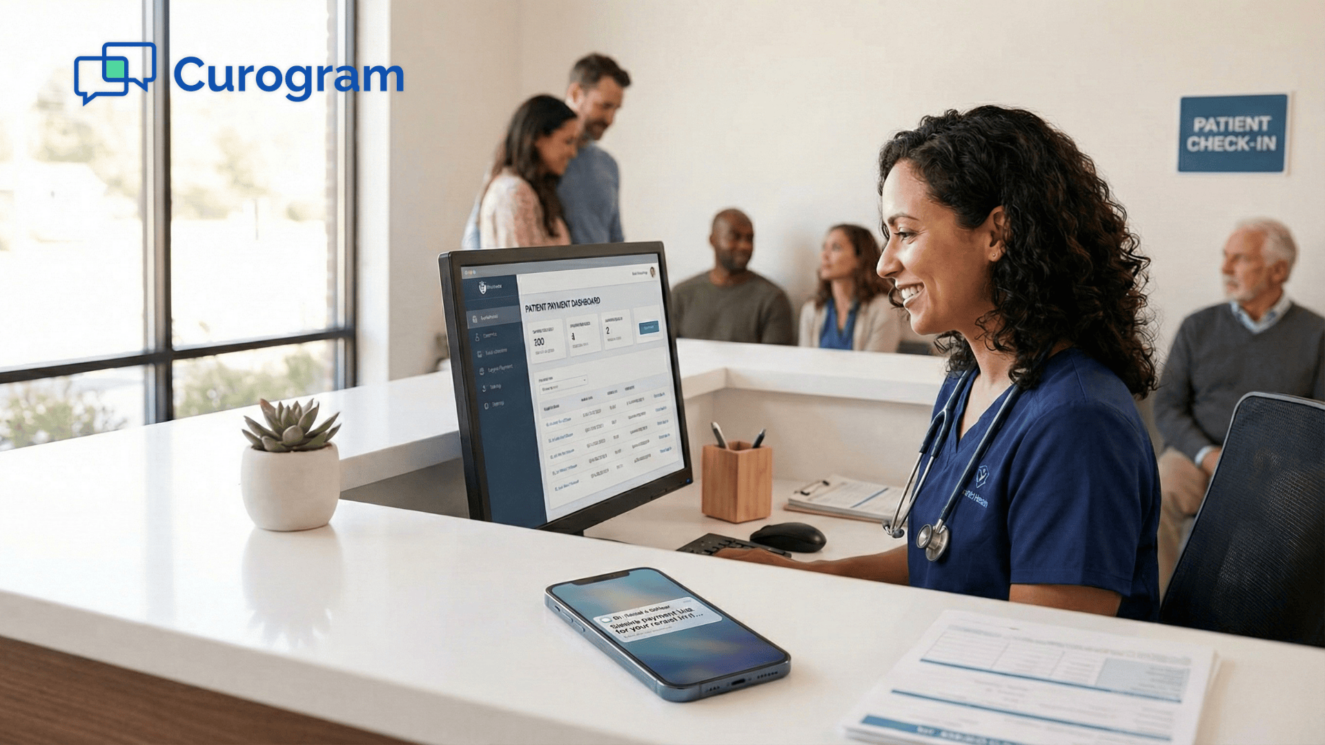 Front desk staff viewing patient payment dashboard with text-to-pay notification on phone