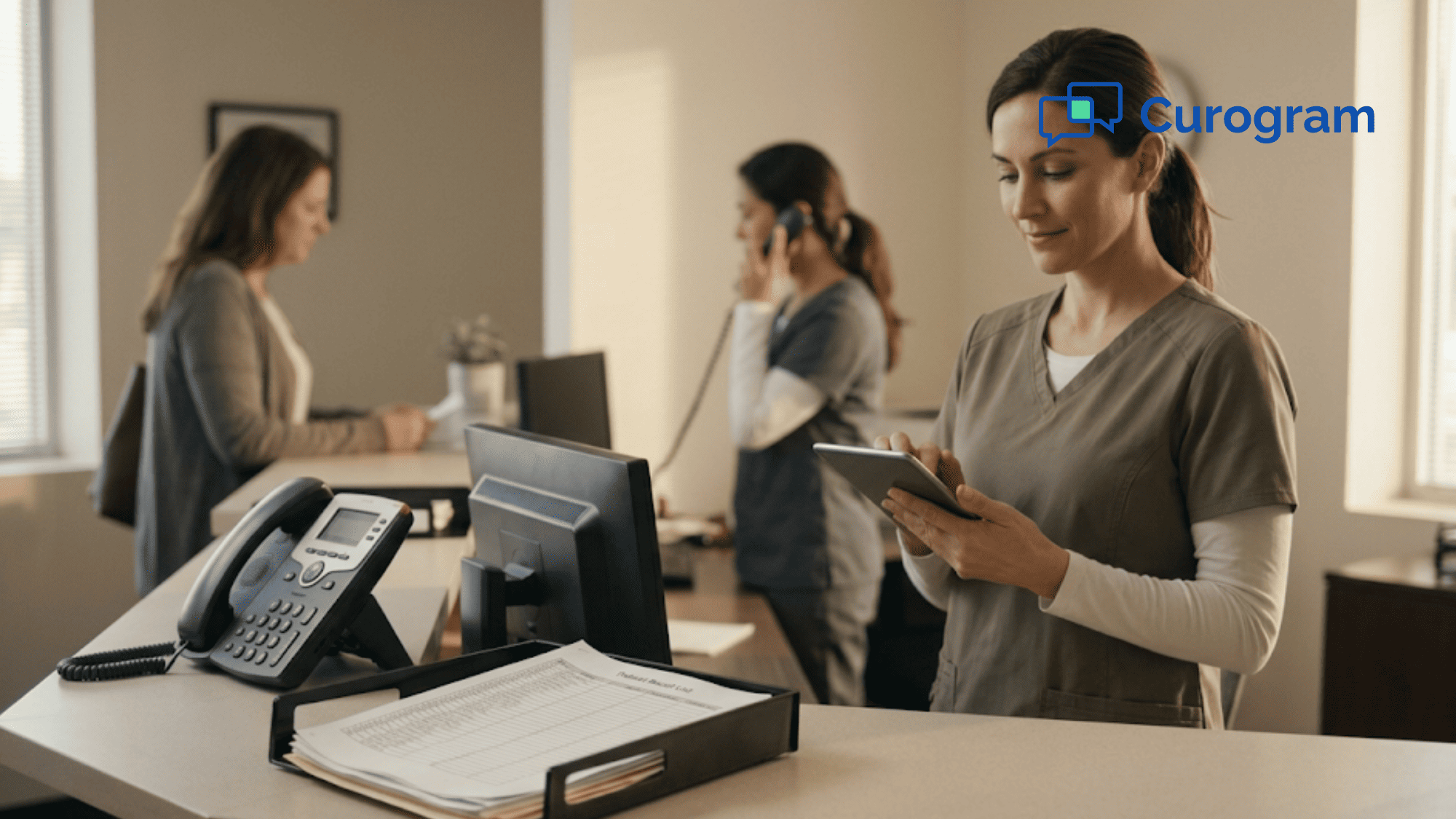 Front desk office manager at small clinic choosing digital outreach over manual phone-based patient recall