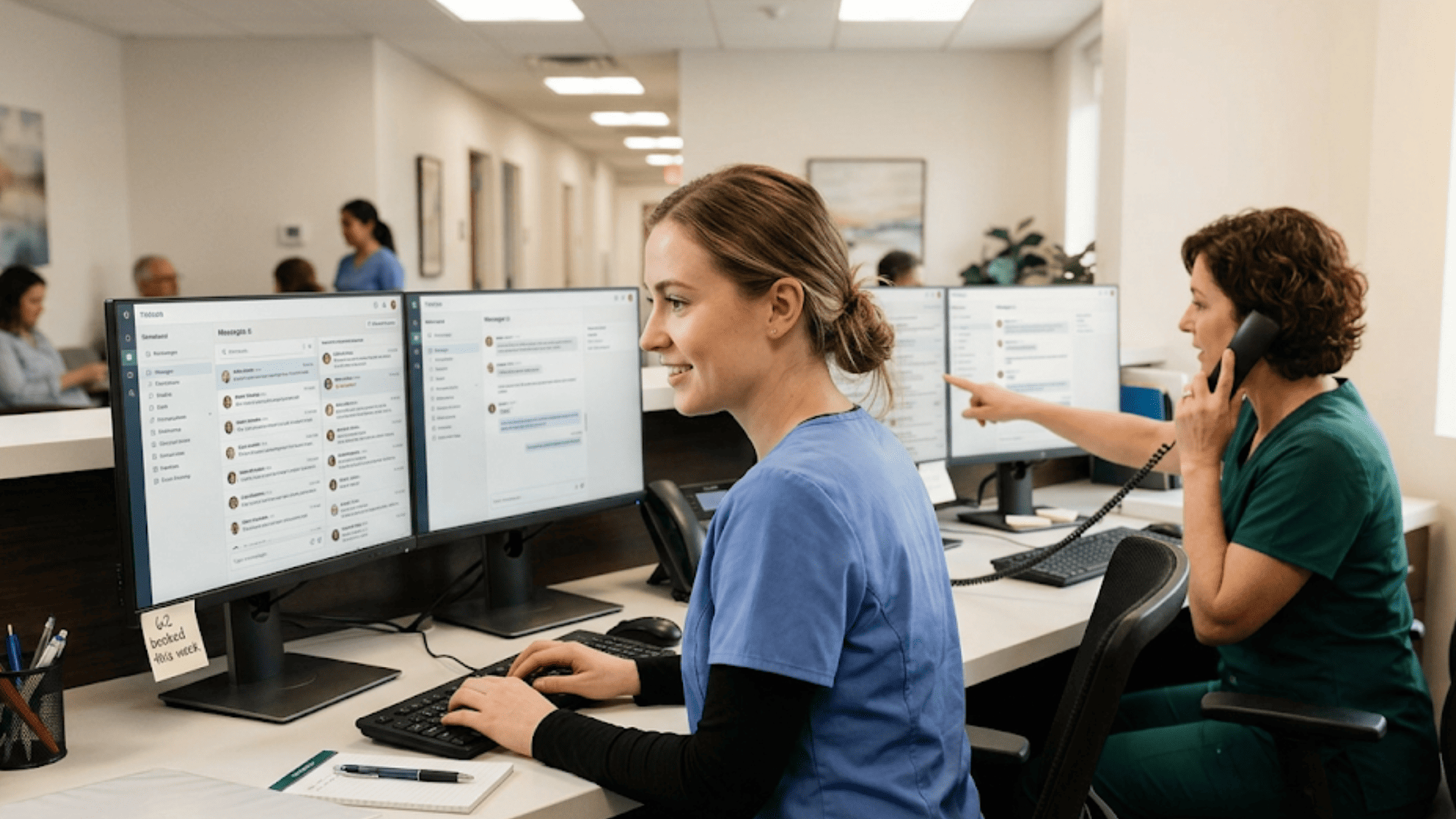 Two front desk staff members actively booking appointments from patient text replies on dashboard screens