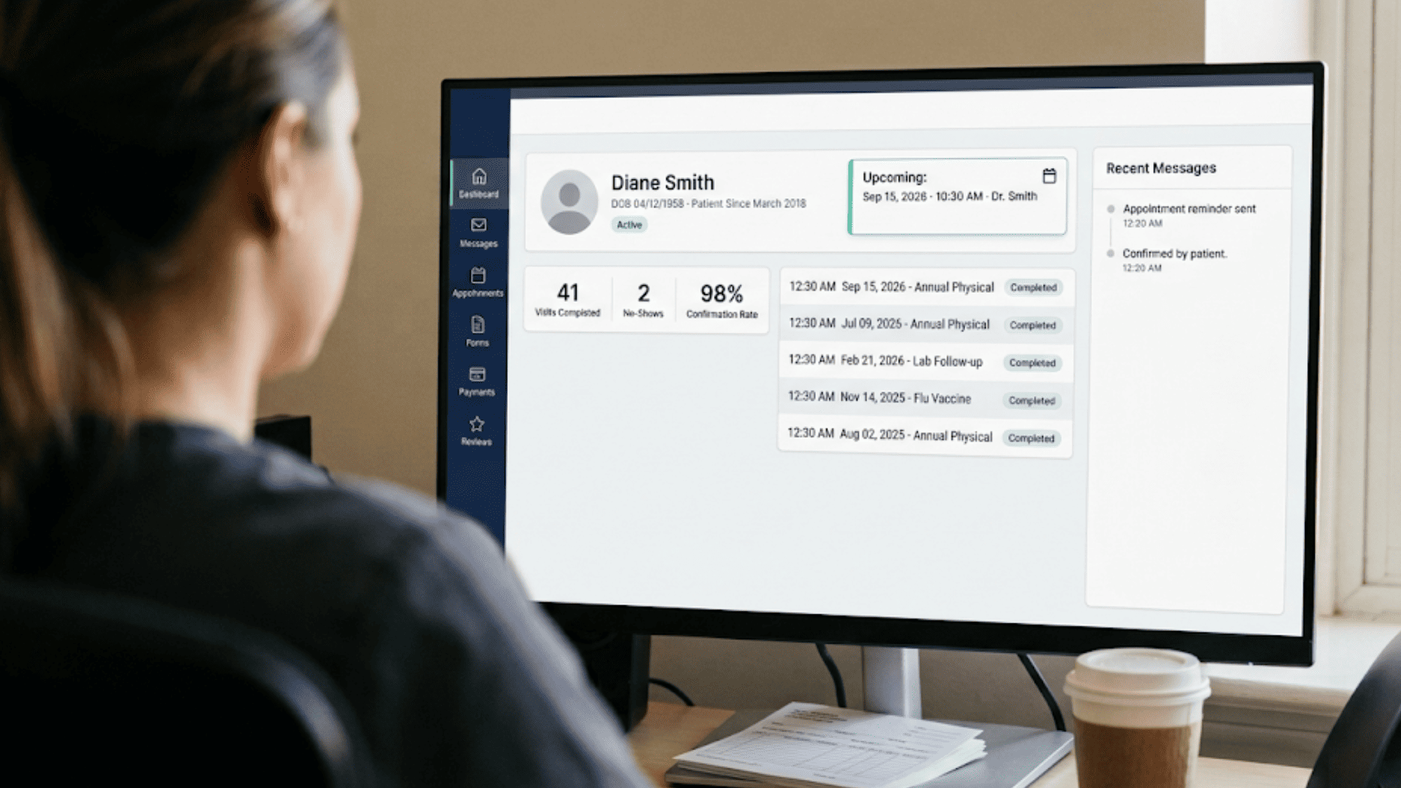 Front desk monitor displaying a patient profile with 41 completed visits and a 98% confirmation rate