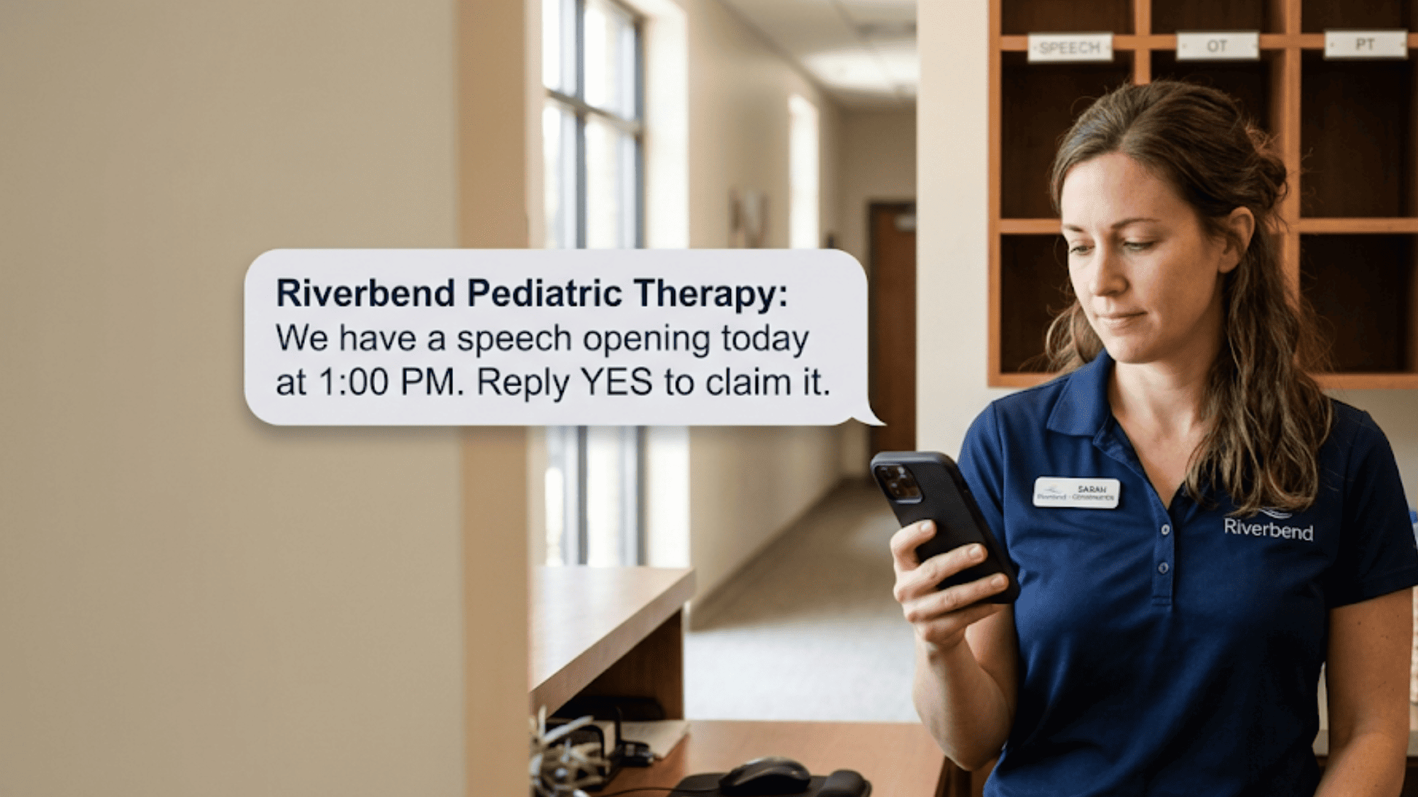 Front desk staff using waitlist texting to backfill a cancelled therapy session for Fusion practices