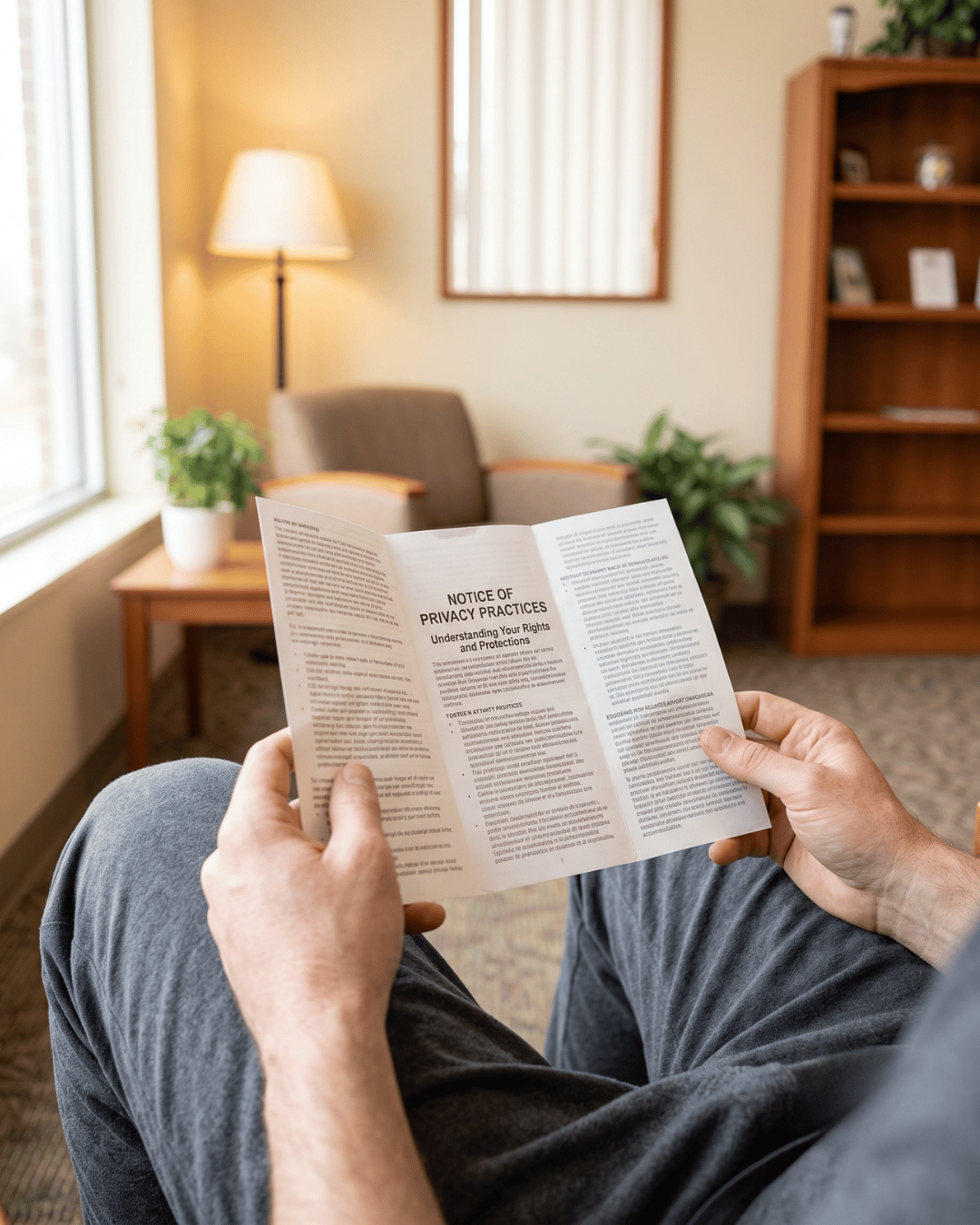 Patient reading a HIPAA notice of privacy practices leaflet in a calm private waiting area