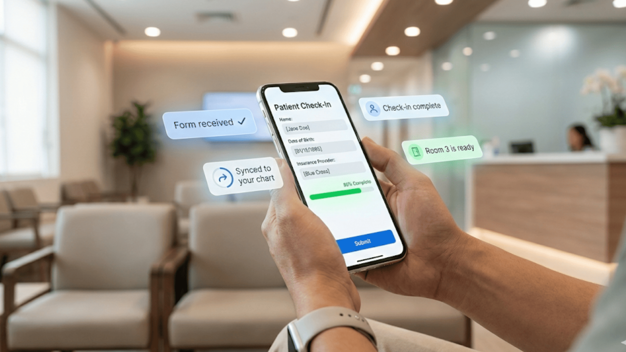 Digital patient form on mobile device showing seamless EMR integration in healthcare setting