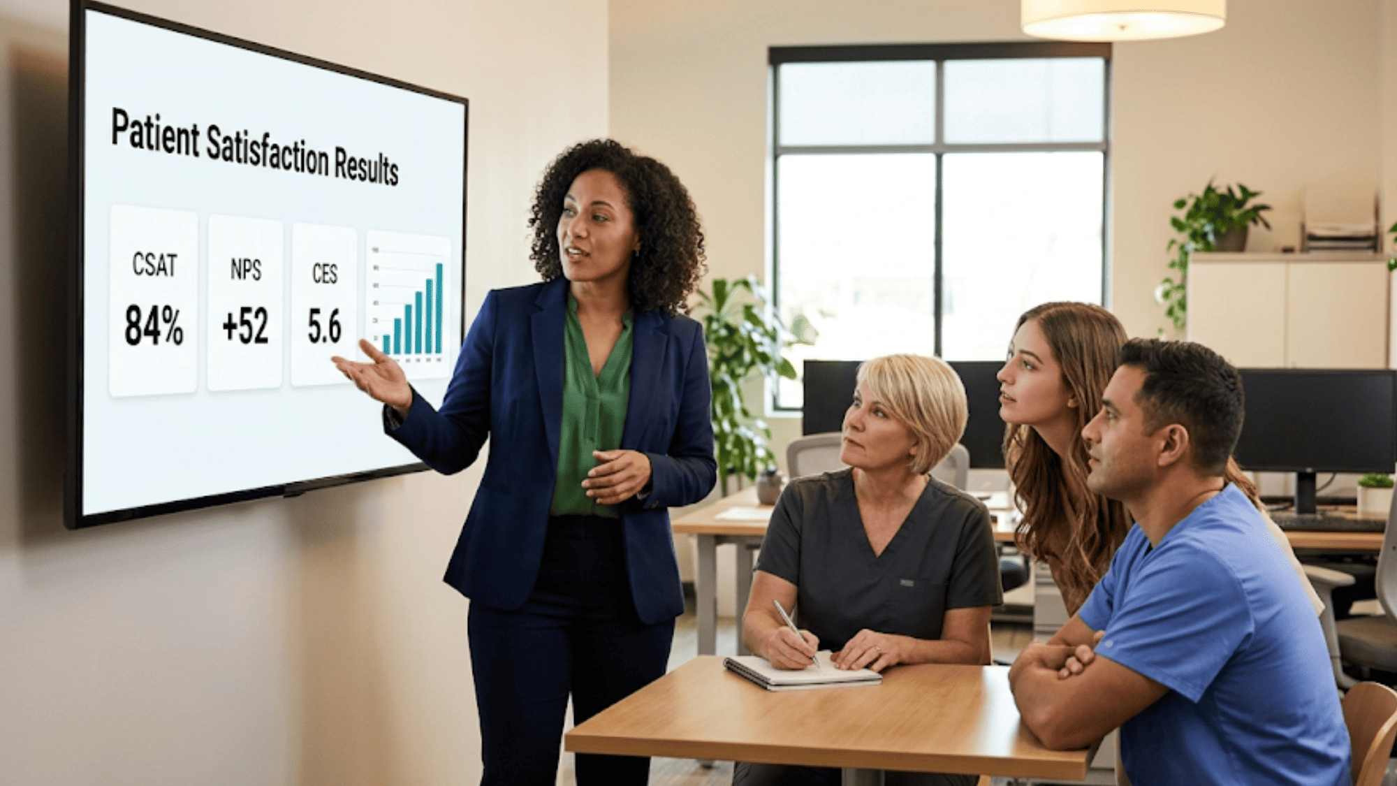 Practice manager and staff reviewing a patient satisfaction survey results dashboard on a screen