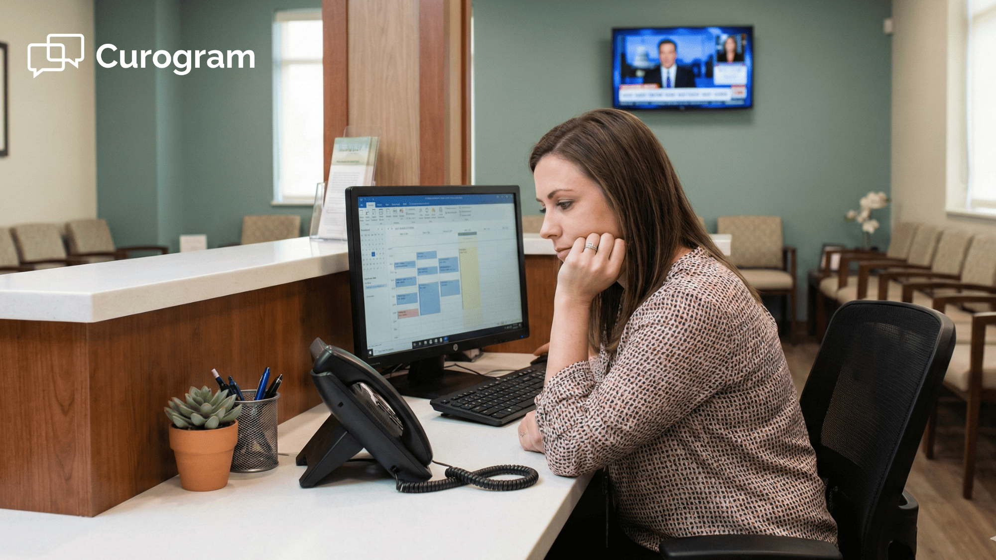Empty medical office waiting room with receptionist staring at a silent phone at the front desk