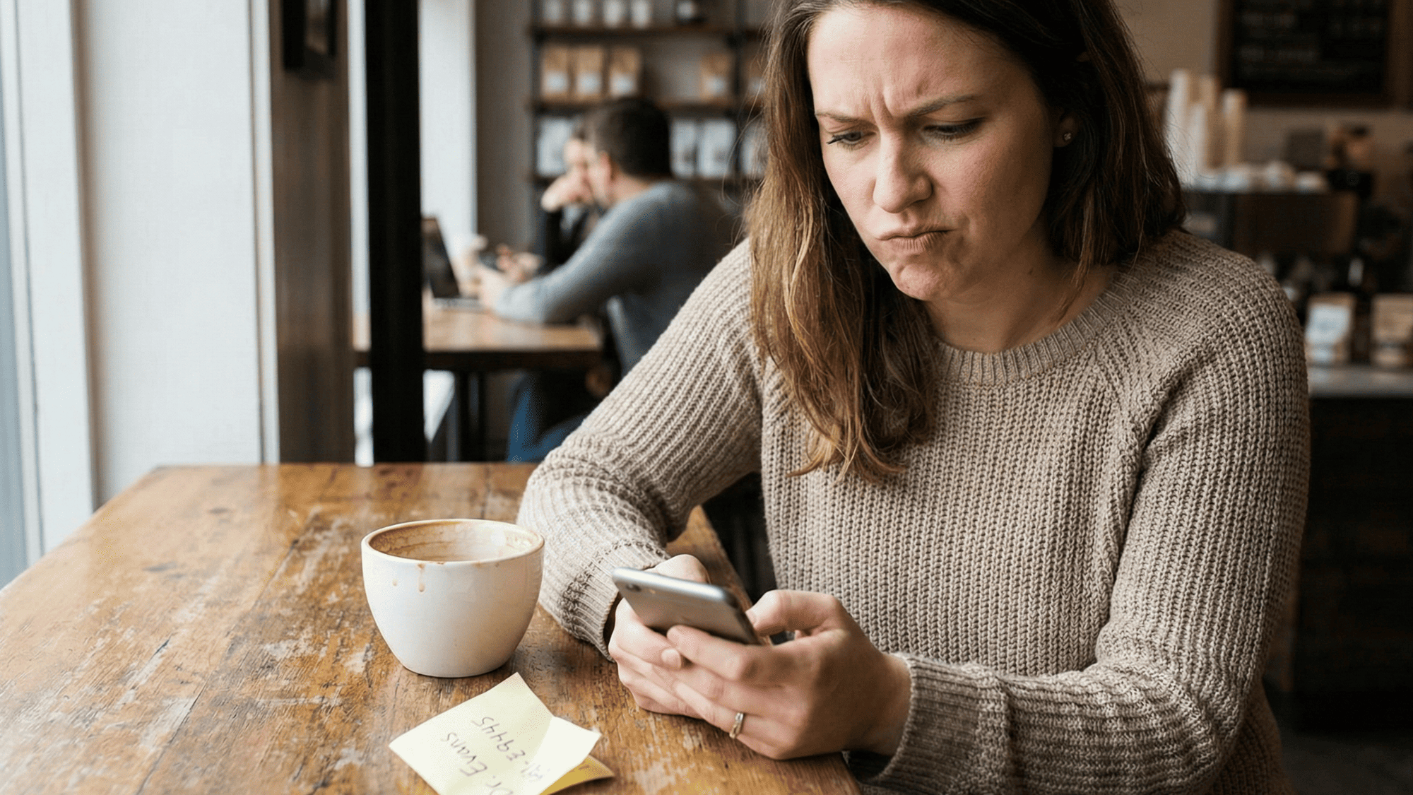 Woman looking at her phone with a skeptical expression after receiving a doctor referral from a friend