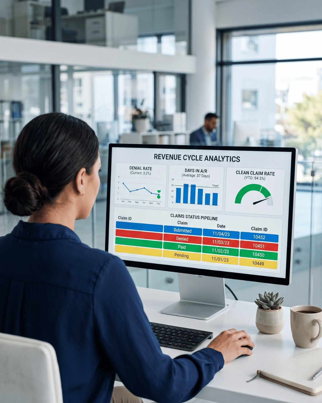 Billing specialist reviewing a claim's progress on a revenue cycle dashboard
