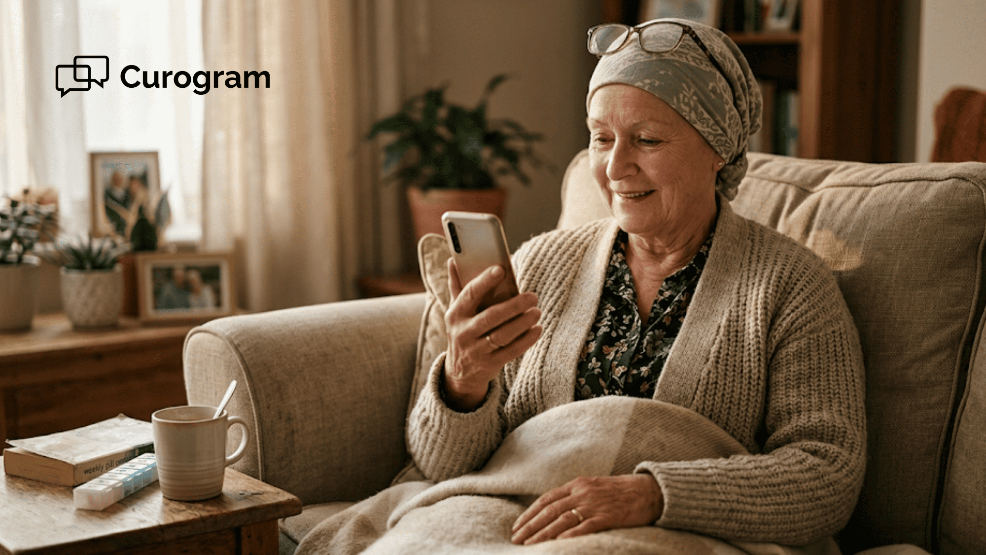 Older oncology patient in headscarf joining a telehealth video visit from her living room couch