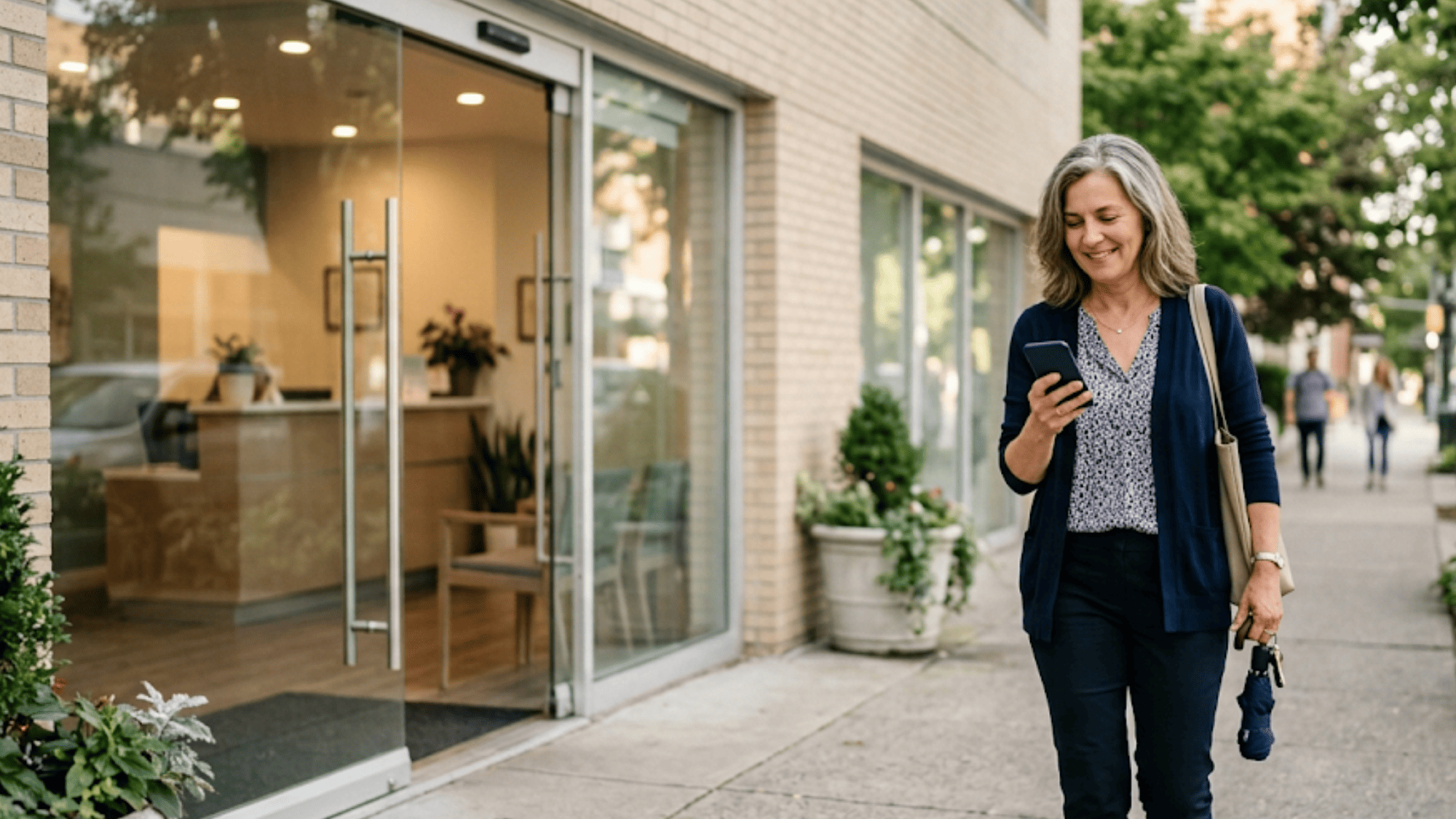 Patient checking her phone outside a medical clinic after a satisfying appointment