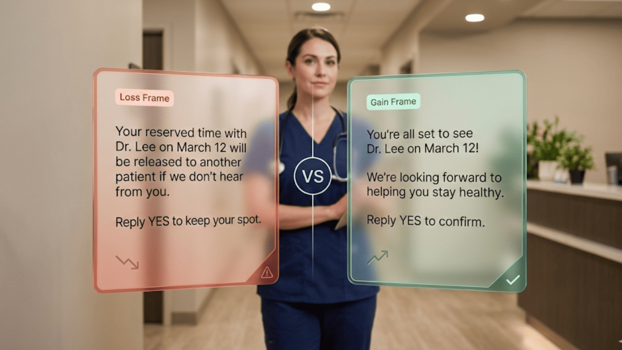 Receptionist at medical practice with floating message bubbles showing patient commitment confirmation