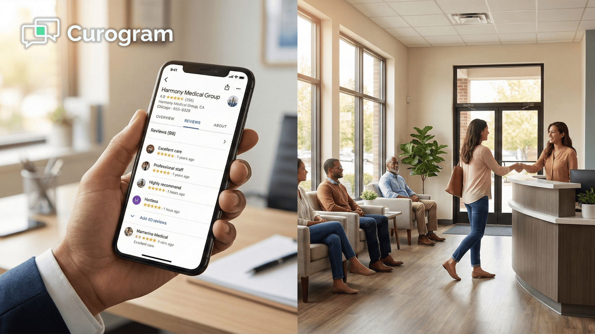 Smartphone showing Google reviews next to a busy medical practice waiting room