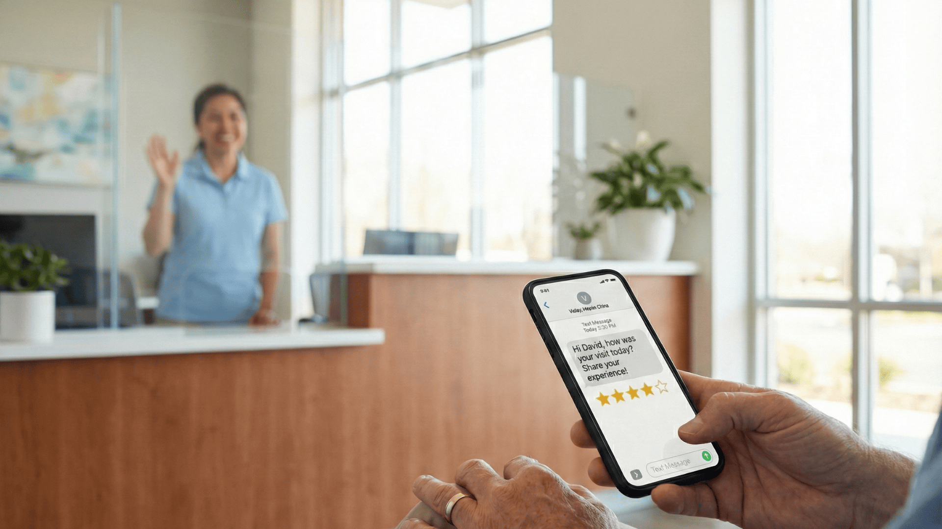 Patient viewing a review request on their phone after leaving a medical office