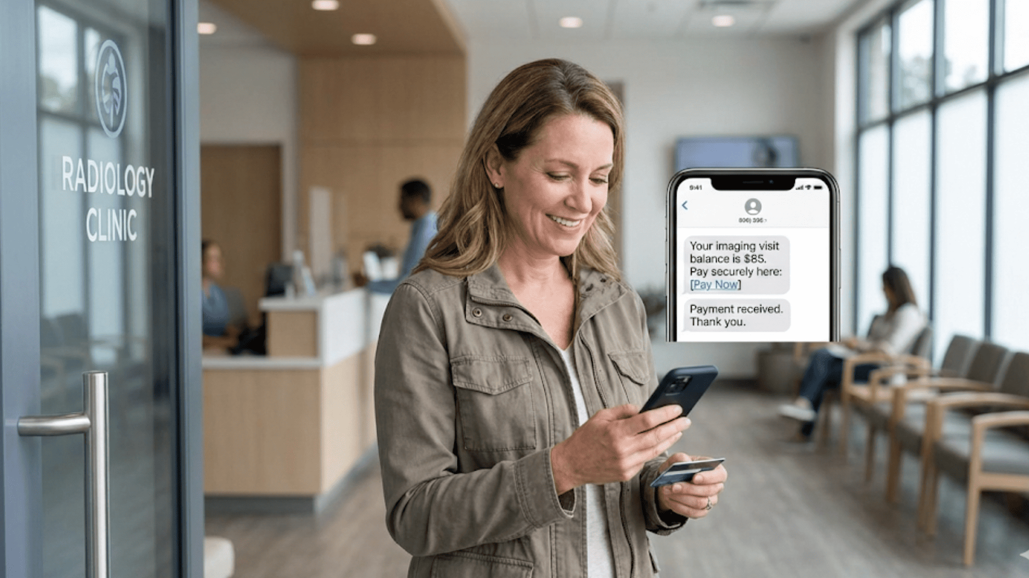 Patient receiving text-to-pay message for imaging balance
