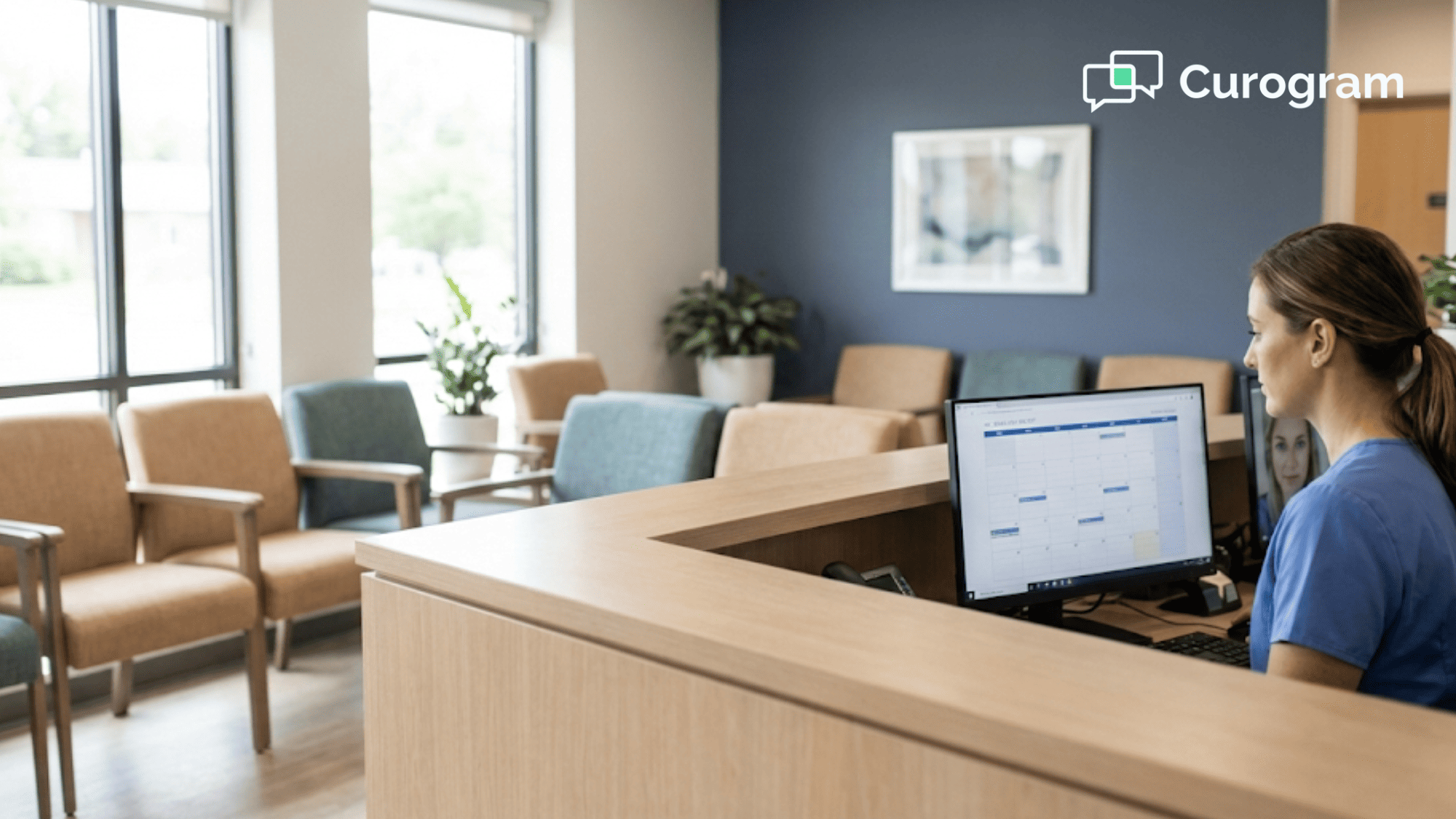 Medical practice front desk with empty waiting room chairs showing the cost of patient no-shows
