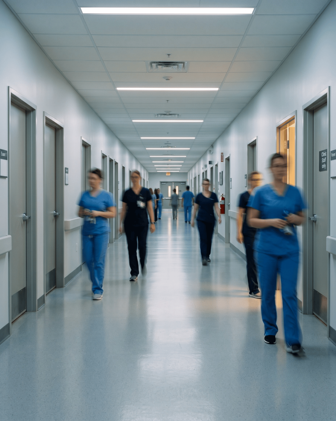 Motion-blurred clinic hallway showing the daily pace of medical office workflow