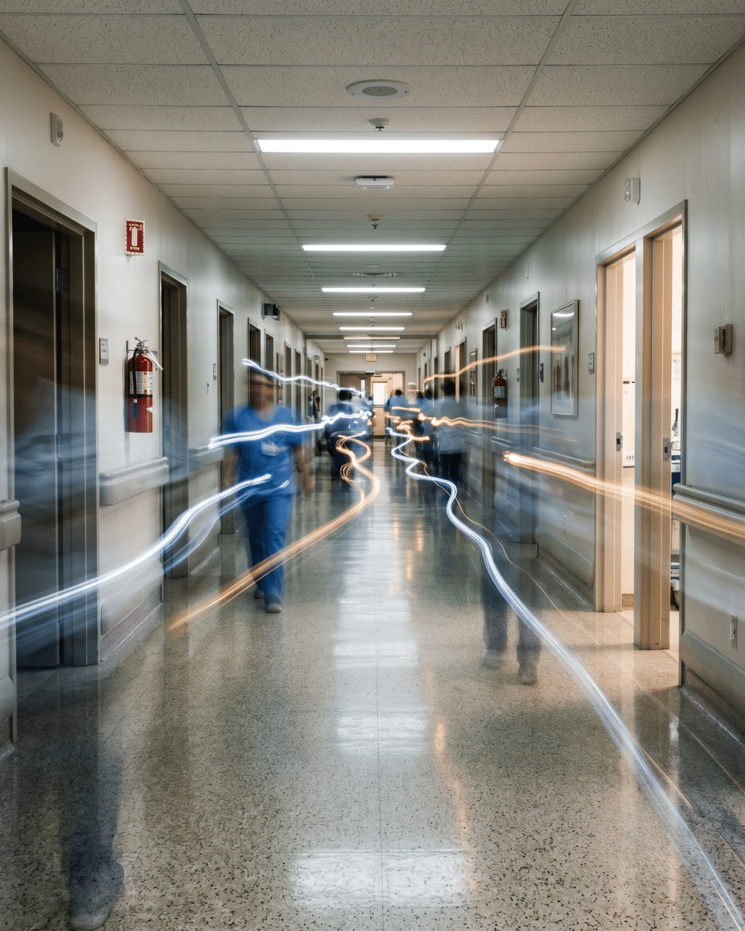 Long-exposure light trails mapping staff walking paths through a hospital corridor