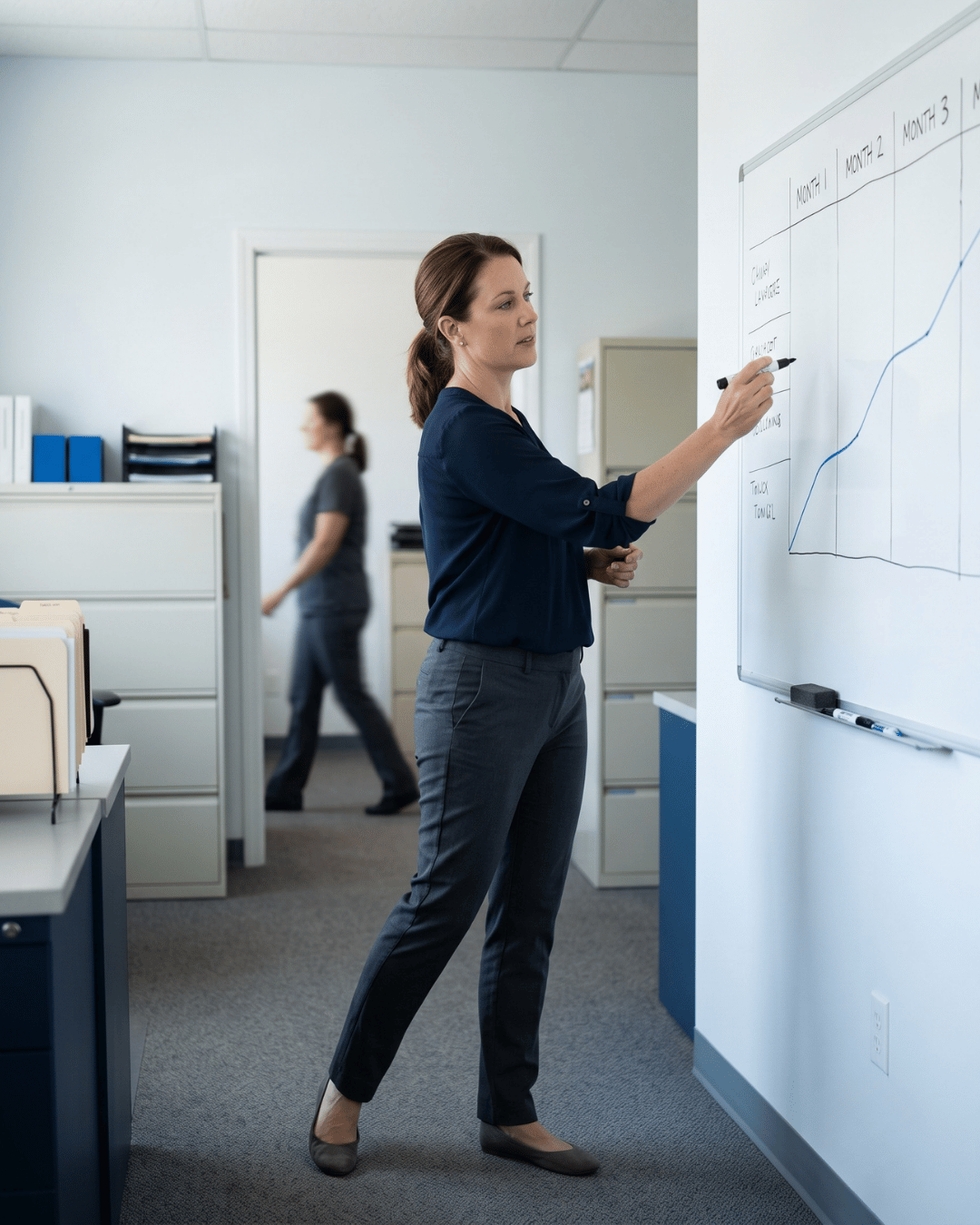 Practice manager charting 90-day patient check-in metrics on an office whiteboard