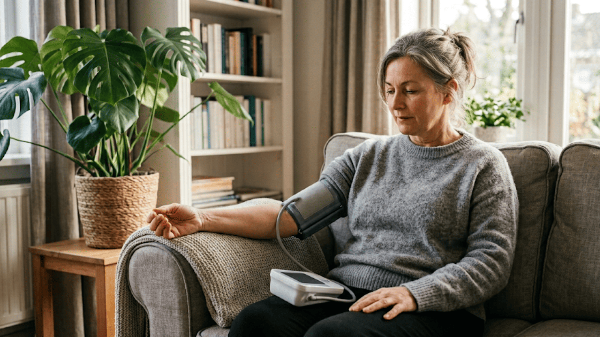 Woman taking a blood-pressure reading at home with her phone beside her