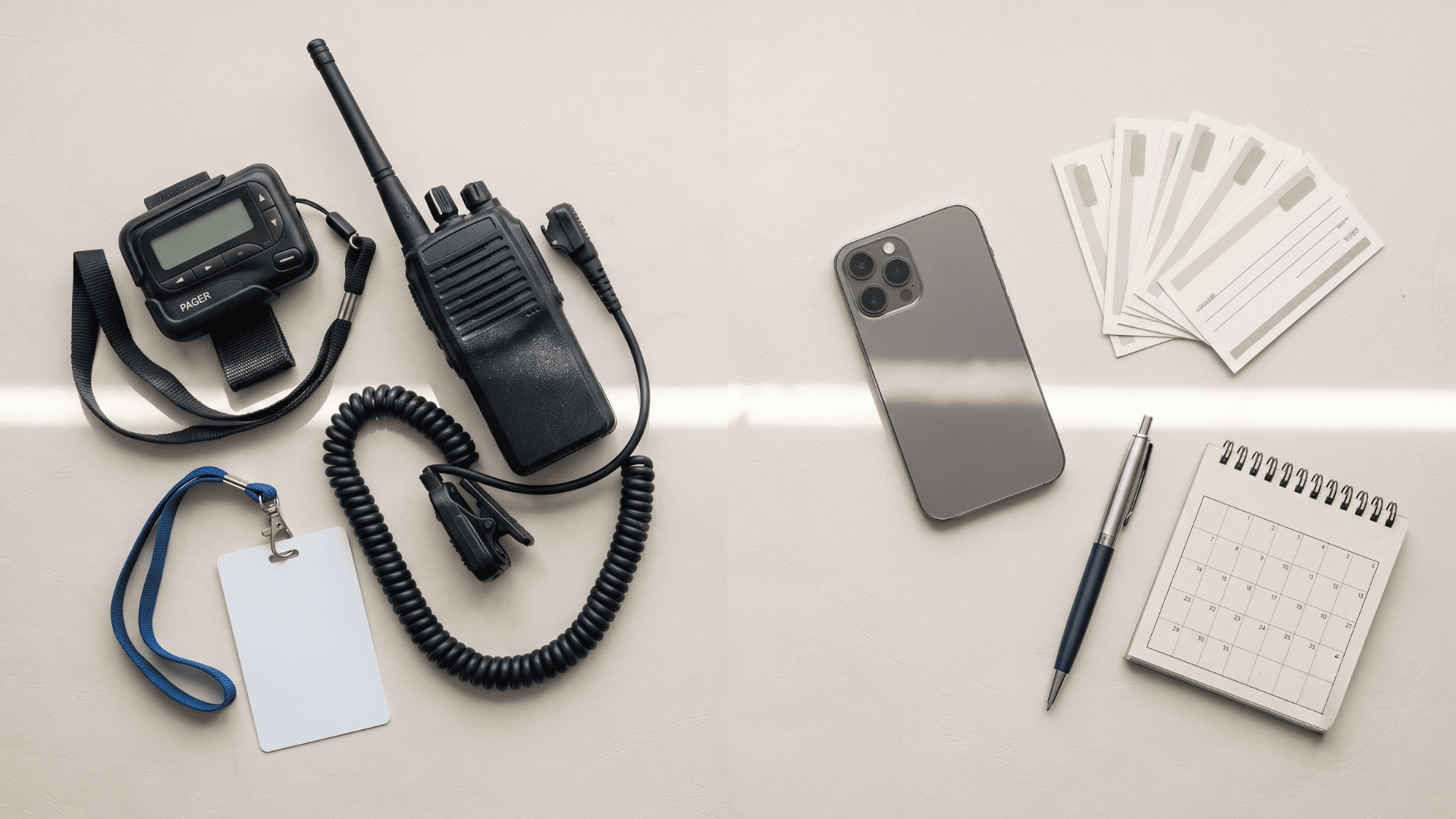 Clinical pager and radio beside a smartphone and appointment cards on a light surface