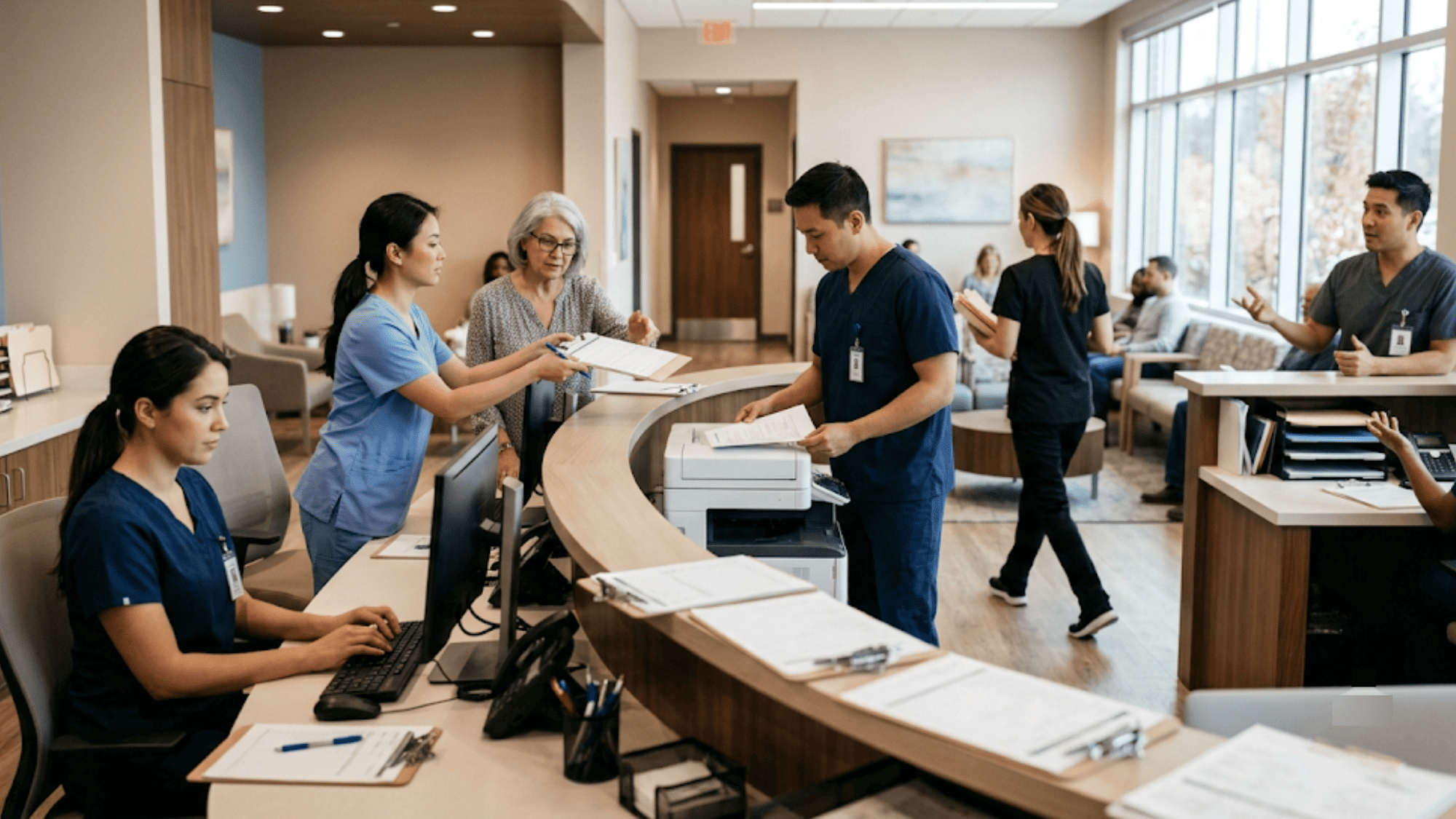 Clinic front desk staff coordinating patient check-in at a modern reception counter during a busy morning