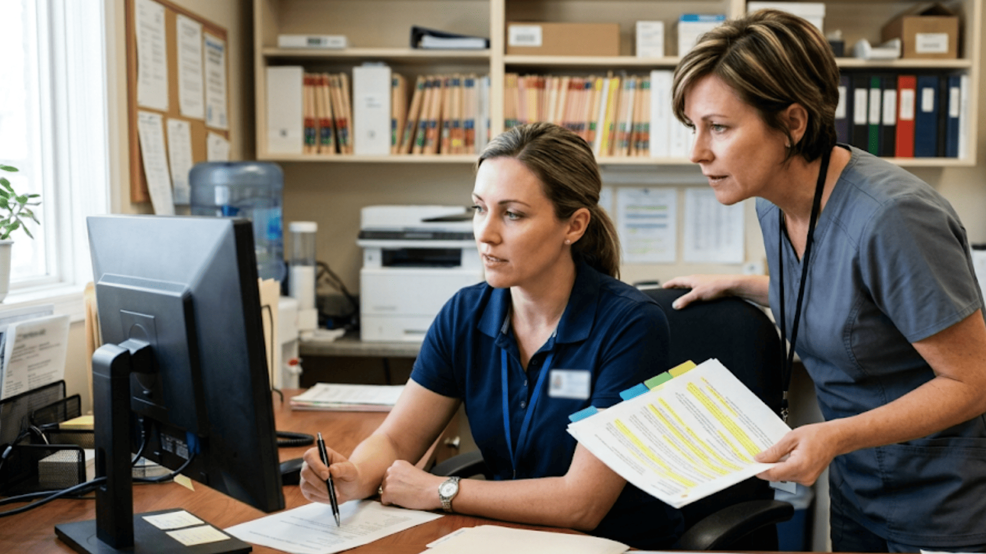 Practice manager and administrator reviewing patient message records during a HIPAA compliance check