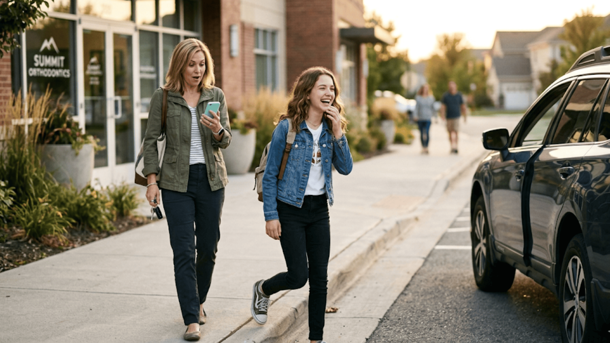 Teen smiling after debanding while mom checks a post-visit review request text outside a modern orthodontic office