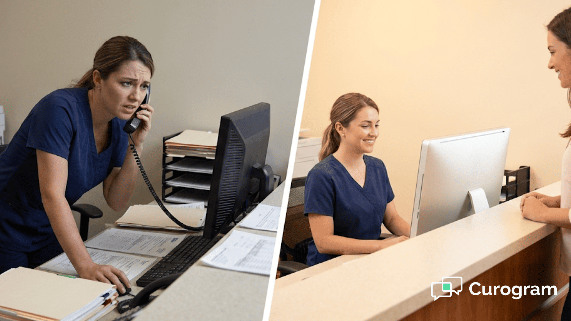 Split image of a stressed front desk staff member on the phone versus a calm staff member using a two-way appointment confirmation system