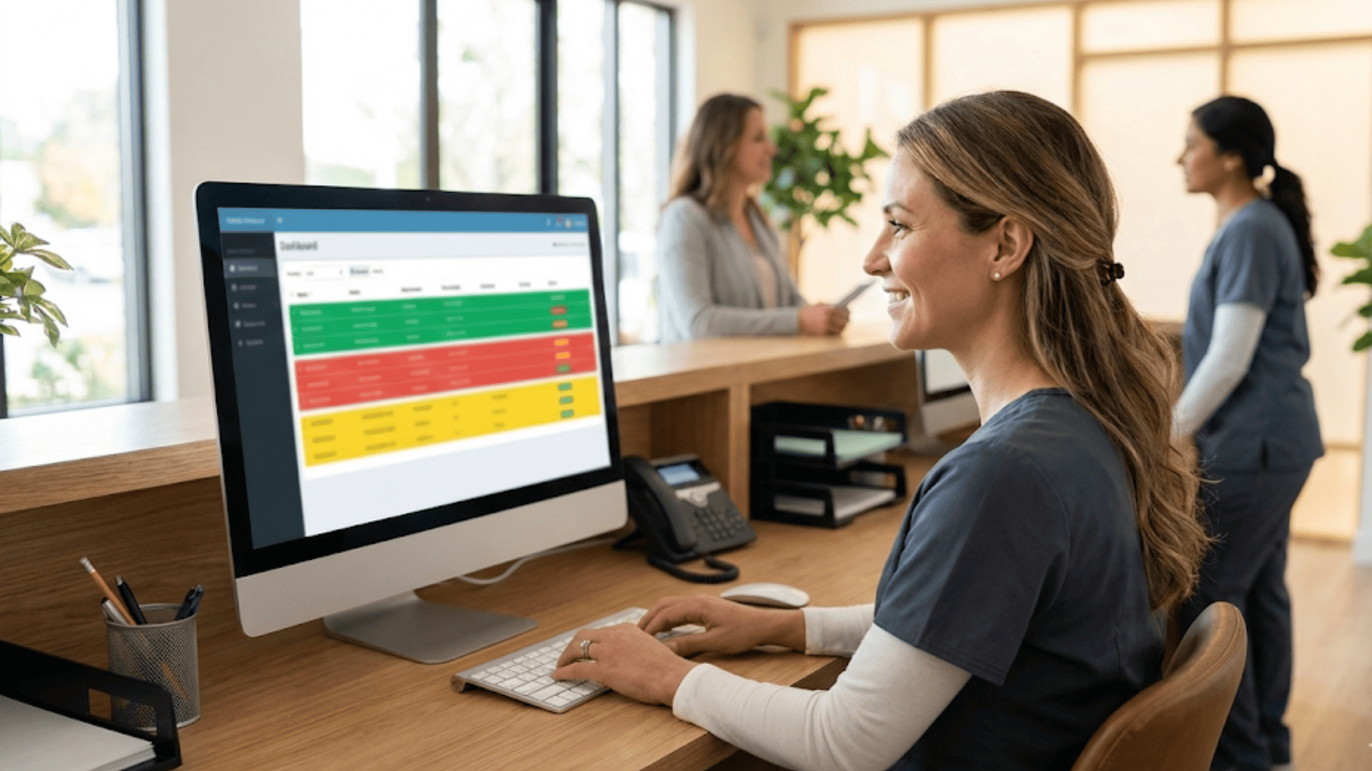 Medical office front desk staff member viewing a color-coded two-way appointment confirmation dashboard on her monitor
