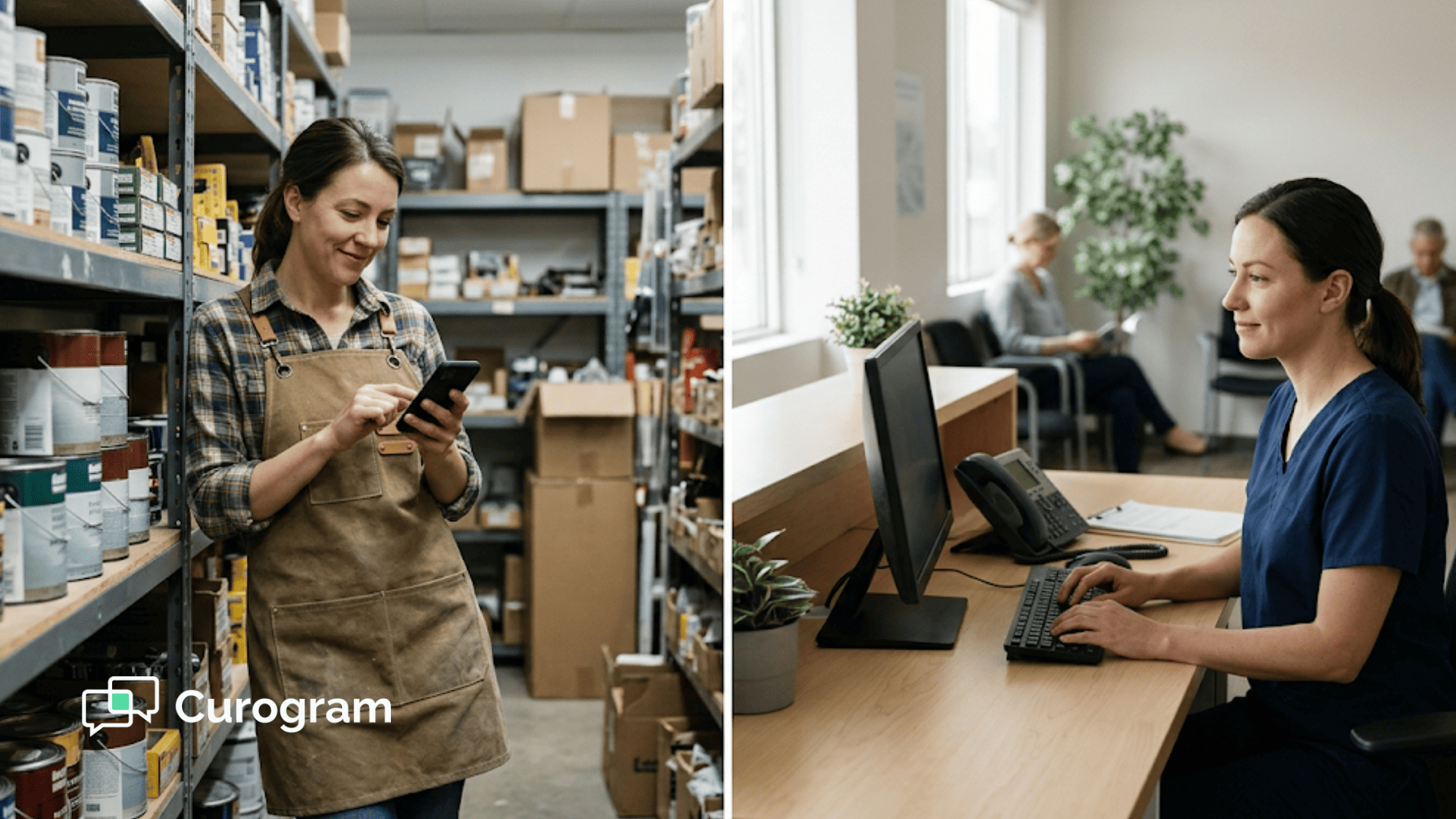 A hardware store worker replies to an appointment reminder text as a clinic receptionist works at a calm front desk