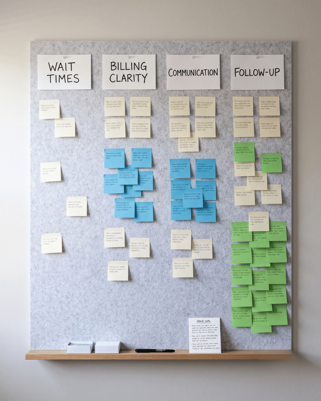 Patient feedback cards sorted into themed columns on a practice planning board