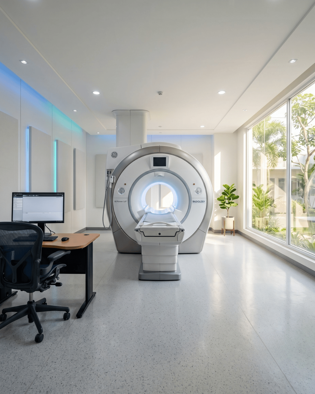 Modern MRI scanner in an imaging suite that feeds scans into a PACS system