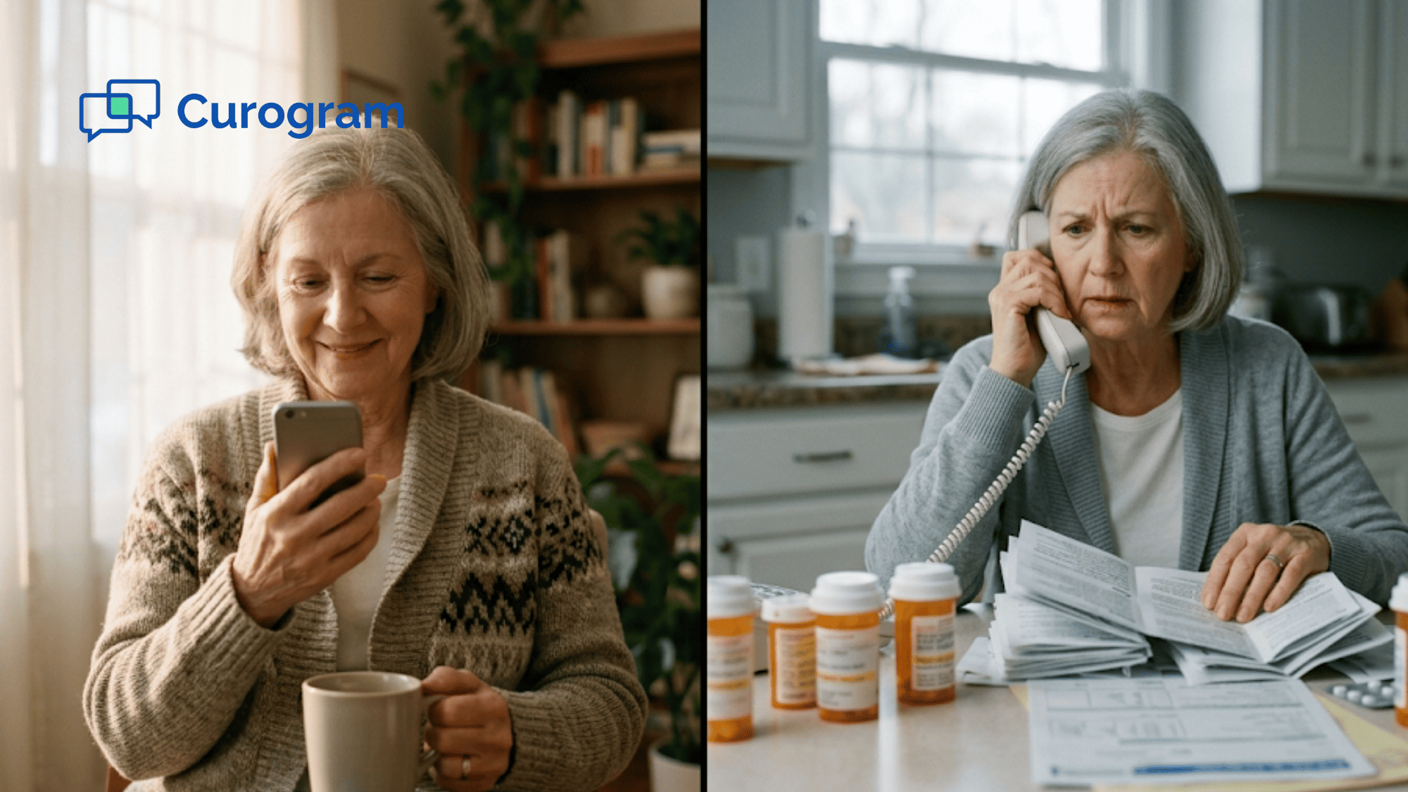 Elderly woman calmly reading an SMS reminder on her phone beside a contrasting scene of her stressed with prep paperwork and a landline